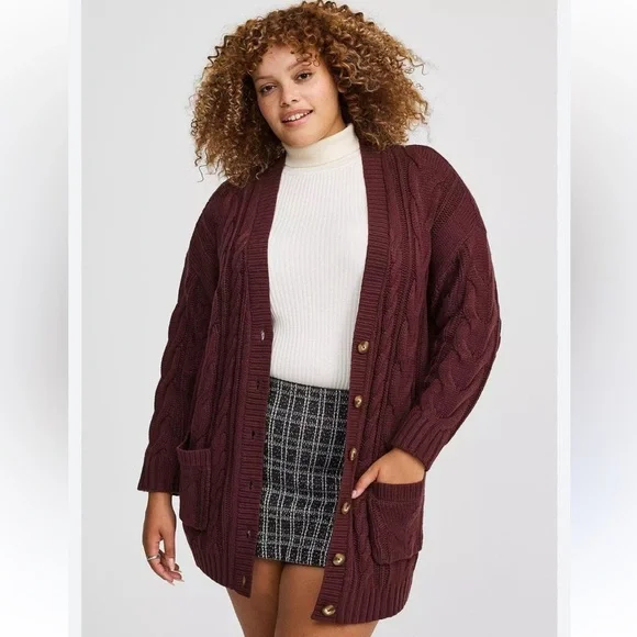 NWT Torrid Burgundy Purple Cable Knit Longline Boyfriend V-Neck Cardigan Sz 3 - Picture 1 of 14
